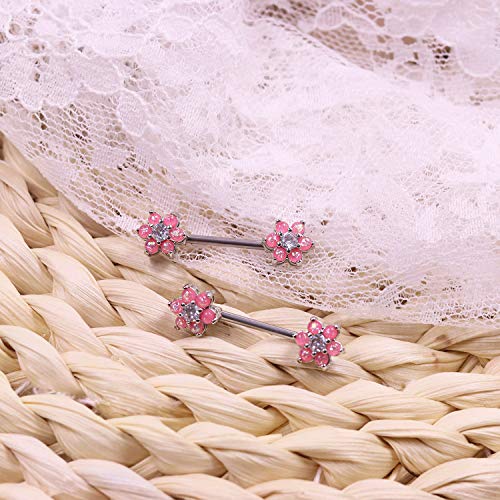 14G Opal Flower CZ Nipple Barbell Nipple Ring Piercing Jewelry for Women - color: pink