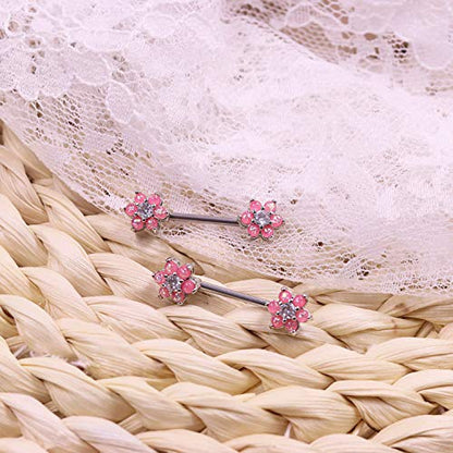14G Opal Flower CZ Nipple Barbell Nipple Ring Piercing Jewelry for Women - color: pink