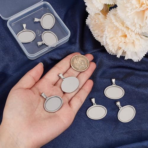1 Box 10Pcs Oval Bezel Charm Stainless Steel Cabochon Settings Silver 25 x 18mm Metal Cameo Memorial Photo Pendant Blanks Cabochons Base Tray for Jewelry Making DIY Resin Craft Accessories - style: silver flattened round