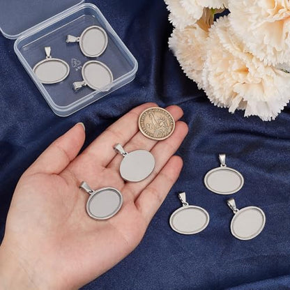 1 Box 10Pcs Oval Bezel Charm Stainless Steel Cabochon Settings Silver 25 x 18mm Metal Cameo Memorial Photo Pendant Blanks Cabochons Base Tray for Jewelry Making DIY Resin Craft Accessories - style: silver flattened round