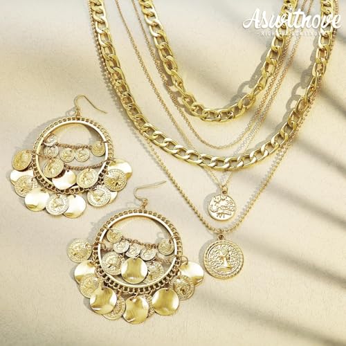 2 Pcs Layered Golden Pirate Necklace Earrings for Women Chunky Chain Layered Necklace Boho Gypsy Hoop Earrings Punk Grunge 80s 90s Coin Pendant Jewelry Halloween Pirate Costume Accessories - color: Polish Golden B
