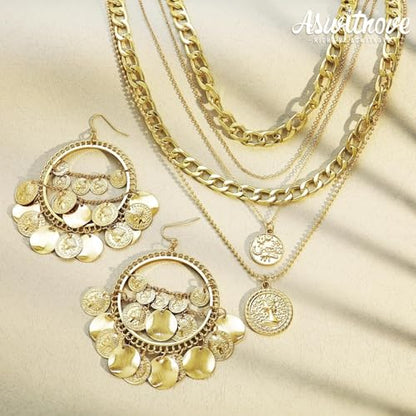 2 Pcs Layered Golden Pirate Necklace Earrings for Women Chunky Chain Layered Necklace Boho Gypsy Hoop Earrings Punk Grunge 80s 90s Coin Pendant Jewelry Halloween Pirate Costume Accessories - color: Polish Golden B