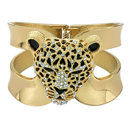 PalmBeach Goldtone Round Crystal, Hinged Leopard Bangle Bracelet (50mm), 8 inches