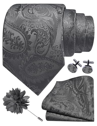 GUSLESON Paisley Tie Set for Men 3.15" Necktie Lapel Pin Hankerchief Cufflinks Set for Men - color: Dark Grey