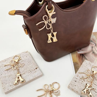 Gold Bubble Heart, Cherry, Bow & More Designs Letter Initial Keychain Bag Charms – Cute Purse Charms for Handbags - color: Bow & Butterfly, style: N