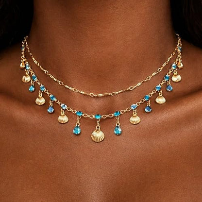 Layered Shell Necklace for Women Gold Seashell Charm Necklace with Crystal Style Drops Tropical Beach Vacation Jewelry Summer Outfit Accessories for Dresses Swimsuits Cruises and Gifts - color: A1:shell necklace