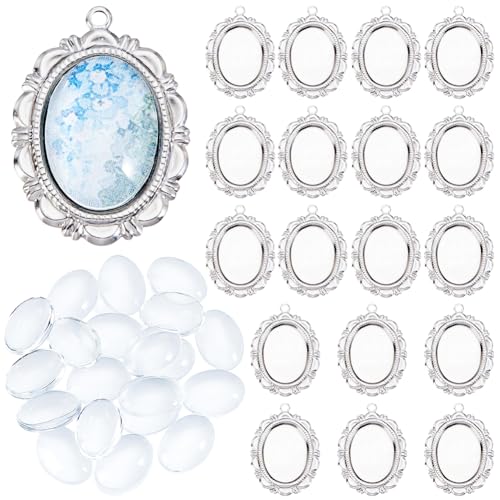 Beebeecraft 30 Sets Pendant Cabochon Settings, 304 Stainless Steel Silver Oval Bezel Pendant Blanks Settings with 18mm Oval Glass Cabochons Dome Tiles Trays Photo Charms for Wedding Bouquet