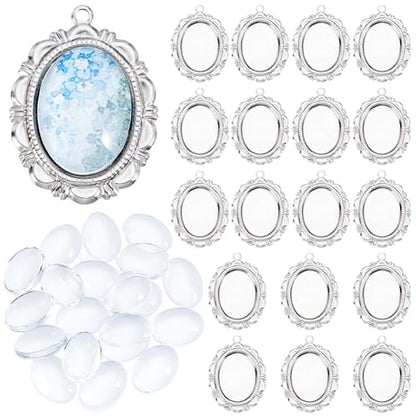 Beebeecraft 30 Sets Pendant Cabochon Settings, 304 Stainless Steel Silver Oval Bezel Pendant Blanks Settings with 18mm Oval Glass Cabochons Dome Tiles Trays Photo Charms for Wedding Bouquet