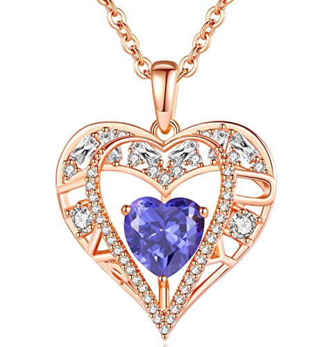 5 Heart I Love You Necklace for Women, Birthstone Crystal Pendant, Birthday Gift for Her, Wife, Mom, Rose Gold or Gunmetal Plated, 925 Sterling Silver Chain 18"+2" - color: 12-December-Tanzanite Purple-Rose Gold Plated
