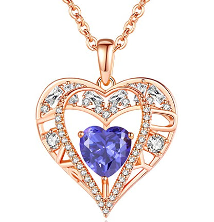 5 Heart I Love You Necklace for Women, Birthstone Crystal Pendant, Birthday Gift for Her, Wife, Mom, Rose Gold or Gunmetal Plated, 925 Sterling Silver Chain 18"+2" - color: 12-December-Tanzanite Purple-Rose Gold Plated