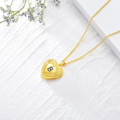 SOULMEET 10K 14K 18K Solid Yellow Gold/Plated Gold Locket Radiation Initial Heart Locket Necklace that Holds Pictures Personalized Photo Locket Necklace Alphabet A-Z - style: B-locket+photo