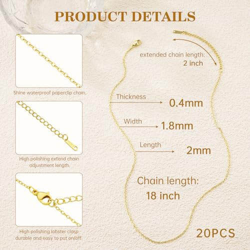 GTVOODX 20 Pcs 14k Gold Plated Stainless Steel Necklace Chains Bulk 18 inch Dainty Cable Chain Pack with Extender Lobster Clasps for DIY Jewelry Making - color: 14K Gold, size: 18 Inch