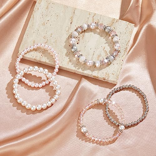 Noessla Beaded Pearl Stretch Bracelet Silver Stackable Crystal Beads Bracelets Trendy Costume Jewelry Mothers Day Gifts for Women - color: Pink