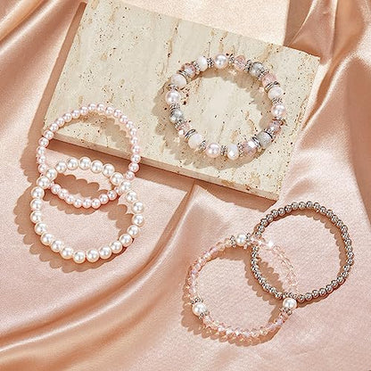 Noessla Beaded Pearl Stretch Bracelet Silver Stackable Crystal Beads Bracelets Trendy Costume Jewelry Mothers Day Gifts for Women - color: Pink