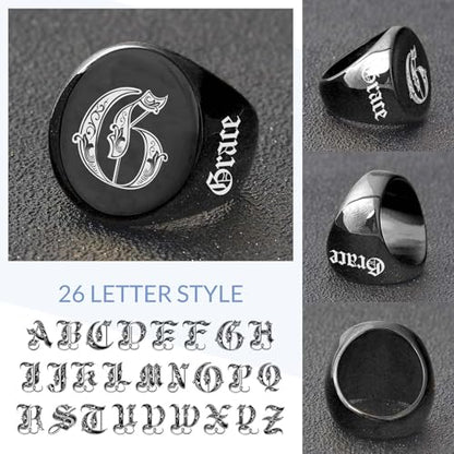 Custom Signet Ring for Men Personalized Initial Ring Custom Mens Rings Engraved Ring Customized Memorial Graduation Gifts for Father Husband Boyfriend Friends - color: Round Black