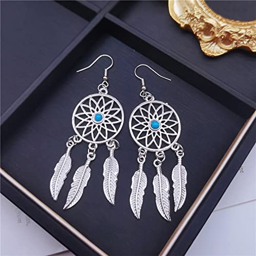 KaFu Woman Retro Silver BOHO Style Metal Dangle Drop Earrings Dream Catcher Statement Feather Dangle Tassels Turquoise Earrings for Women Girls - color: Silver-1