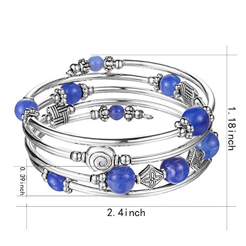 Beaded Pearl Bangle Wrap Bracelet - Fashion Bohemian Jewelry Multilayer Charm Bracelet with Thick Silver Metal Beads, Gift For Women - color: Blue