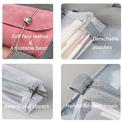 GOPHIE Personalized Toiletry Bag Embroidery Roll-Up Cosmetic bag Foldable Portable Travel Organizer Custom Women's Cosmetic Makeup Kits for Women Waterproof (Pink) - color: Pink