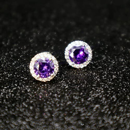 YOMELA Round Cubic Zirconia Stud Earrings for Women | Everyday Dainty, Diamond-Like Brilliance, CZ Halo Birthstone Studs, Hypoallergenic & Lightweight, Elegant & Versatile - color: Purple