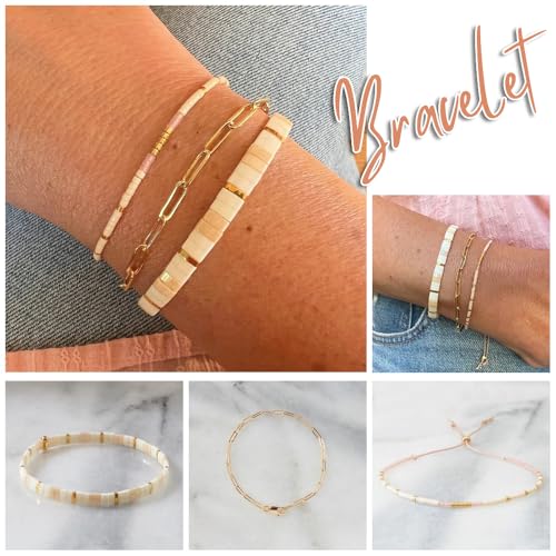 Boho 3Pcs Tila Flat Seed Beads Stack Bracelets Set for Women, Romantic Handmade Cute Gold Plated Paperclip Link Colorful Glass Ball Stretch Accessories Jewelry, Party Friendship Gift - color: Peach