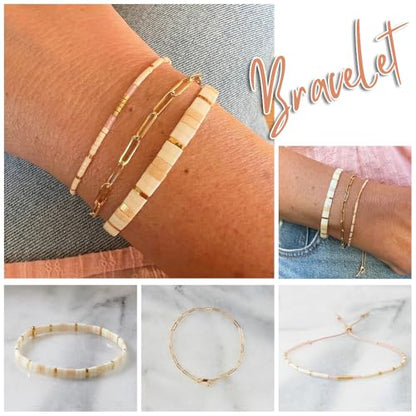 Boho 3Pcs Tila Flat Seed Beads Stack Bracelets Set for Women, Romantic Handmade Cute Gold Plated Paperclip Link Colorful Glass Ball Stretch Accessories Jewelry, Party Friendship Gift - color: Peach