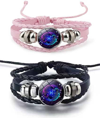2Pcs Twelve Zodiac Leather Bracelet - Adjustable Zodiac Jewelry Accessory - color: Pisces