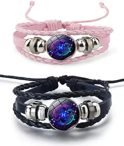 2Pcs Twelve Zodiac Leather Bracelet - Adjustable Zodiac Jewelry Accessory - color: Pisces