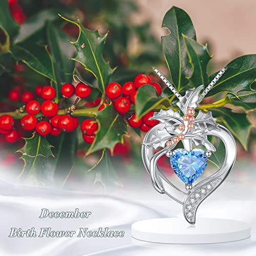 TOUPOP Birth Flower Necklace 925 Sterling Silver Heart Birthstone Pendant Necklaces Birth Month Floral Jewelry Birthday Valentines Day Mothers Day Gifts for Women Wife Mom - style: 12-December-Holly