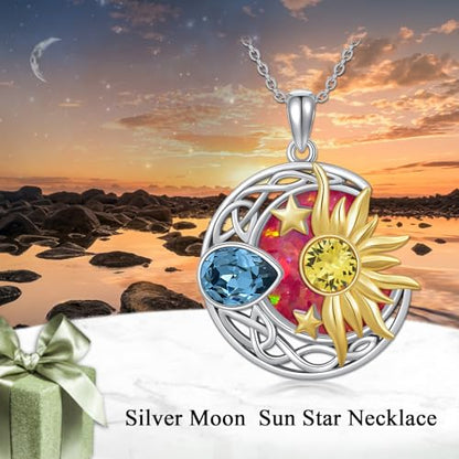 AOBOCO 925 Sterling Silver Moon Sun Star Necklace Celtic Jewelry for Women Girls - color: Silver&Gold&Red Opal
