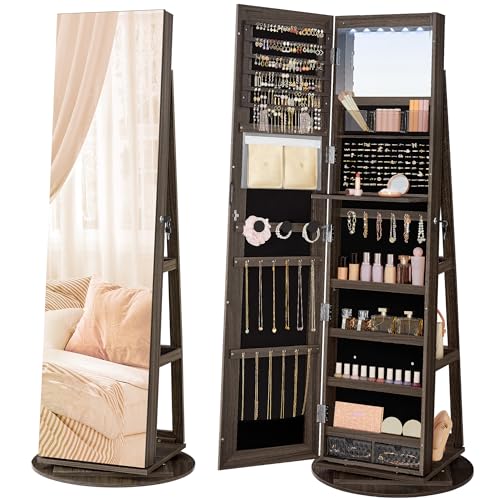SONGMICS 6 LEDs Lockable Mirror Jewelry Cabinet, 360° Swivel Jewelry Organizer Armoire Standing, Frameless Full-Length Mirror, 3 Storage Shelves, Ash Brown Surface, Black Lining UJJC007K02 - color: Ash Brown + Black, size: 14.6" Mirror