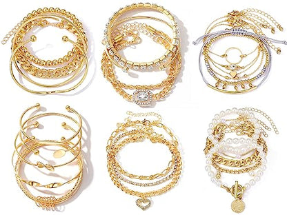 IFKM 6 PACK (24 PCS) Boho Gold Chain Bracelets Set for Women, 14K Gold Plated Multiple Layered Stackable Open Cuff Wrap Bangle Adjustable Link Italian Cuban Jewelry for Women Gift - style: 27PCS Gold Thin Chain