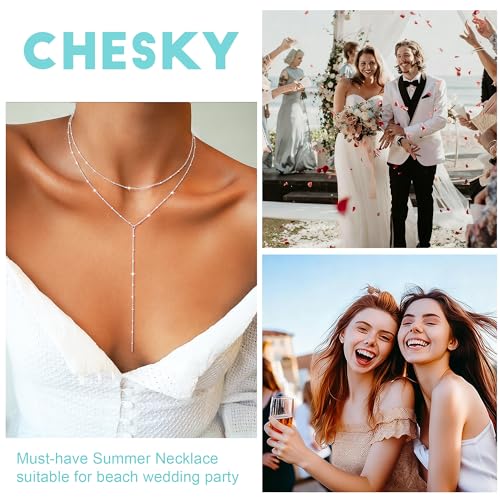 CHESKY Lariat Necklace for Women，14k Gold/Sliver Plated Layered Necklace | Gold/Sliver Long Necklace，Dainty Cross Pendant, Wedding Y-Shaped Drop Chain, Waterproof Jewelry Gift for Women Everyday Wear - style: SquareBead