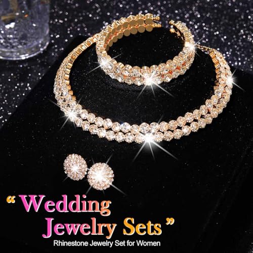 Silver Jewelry Set Rhinestone Necklace Earrings Bracelet Sets Wedding Prom Formal Jewelry for Women and Brides - color: Gold