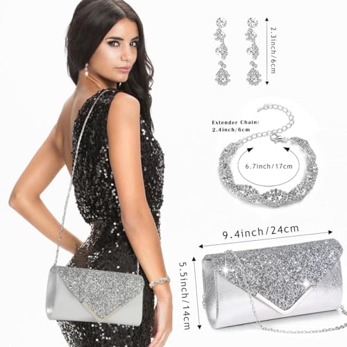 MEDOJO 10Pcs Silvery Rhinestone Jewelry Set for Women Bride Wedding Prom Jewelry Evening Rhinestone Sparkly Clutch Purse Bag Necklace Tennise Layered Bracelets CZ Ring Crystal Drop Earring Set Silvery Shiny Costume Kit - color: Silvery