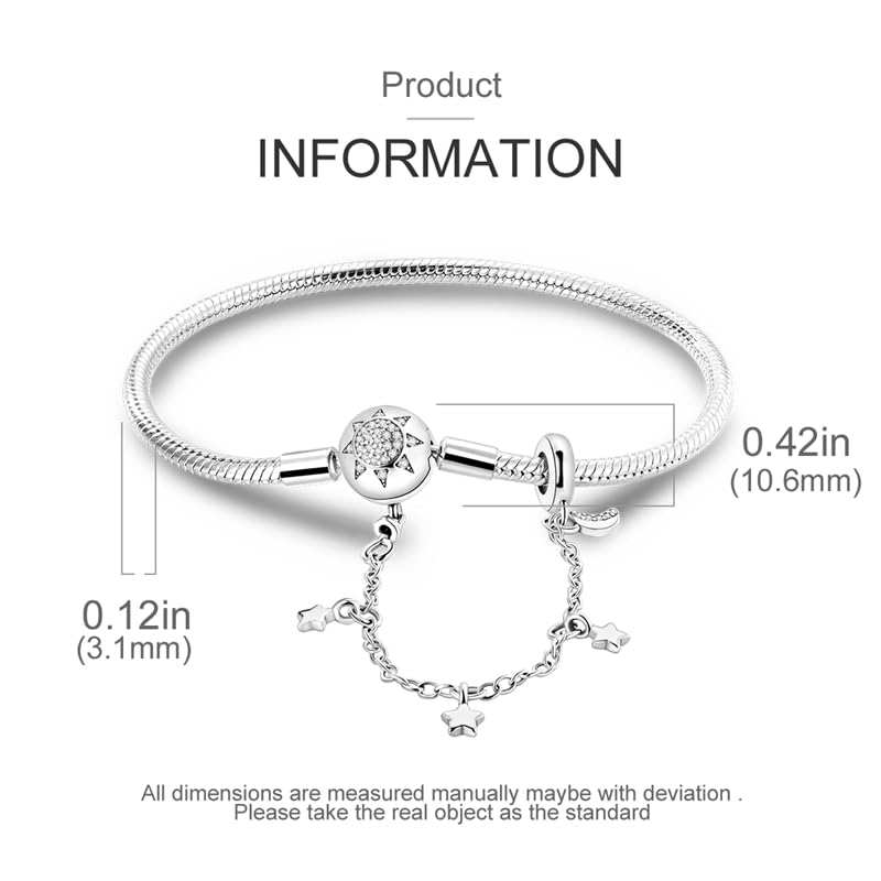 KUNSIR 925 Sterling Silver Snake Chain Bracelet with Safety Chain Charm Bracelets for Women Teen - style: KJB053