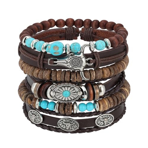 Mens Beaded Bracelets Tribal Wooden Elastic Adjustable Prayer Beads Wrap Cuff for Women - color: R: 5pcs