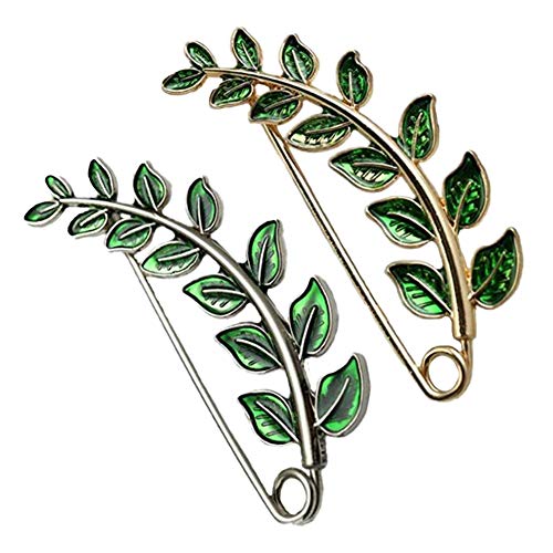 Joyci Green Leaf Brooch Cardigan Safety Pin Shawl Brooch Enamel | Vintage Artistic Leaf Brooch Sweater Knitwear Lapel Pin Scarf Clothing Decor Brooch Pin - color: 2-Packs Gold Silver