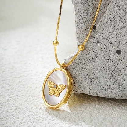 Locket Necklace for Women, Vintage Dainty Gold Heart Oval Butterfly Star Moon Engraved Picture Photo Lockets Pendant Necklaces Memorial Necklace Personalized Jewelry Valentine Gifts - style: Oval Butterfly