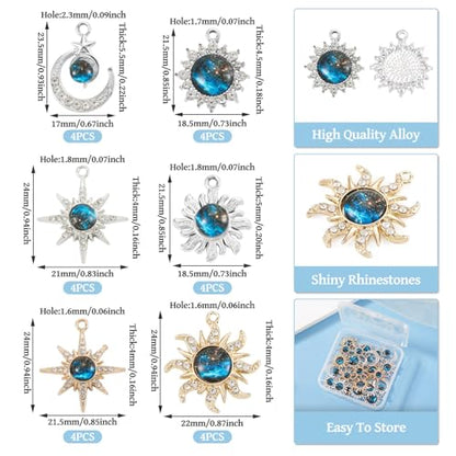 24Pcs Alloy Rhinestone Charms for Jewelry Making, Cute Moon Sun Star Alloy Charm Celestial Blue Rhinestone Dangle Pendants for DIY Necklace Bracelet Earring Jewelry Making Crafts - color: Blue
