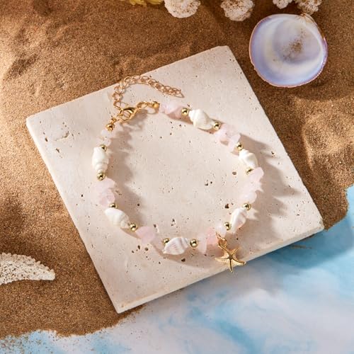 Waterproof Starfish Shell Bead Anklets Bracelets for Women Bohemian Hawaiian Beach Crushed Stone Bead Anklet Summer Mermaid Outfit Costume Jewelry Accessories - color: Green