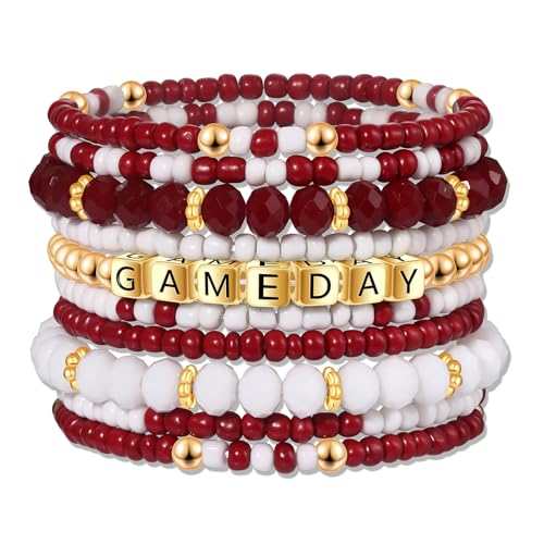ZOLEAROPY Game Day Bracelets Stack Football Bracelets for Women Men Stackable Game day Bracelet Accessories Football Mom Outfit Jewelry Gifts - color: crimson white