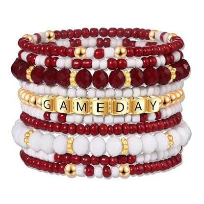 ZOLEAROPY Game Day Bracelets Stack Football Bracelets for Women Men Stackable Game day Bracelet Accessories Football Mom Outfit Jewelry Gifts - color: crimson white