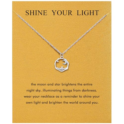 Silver Necklaces for Women Teens, Best Friend Necklace Sister Daughter Gift | Horseshoe Butterfly Swan Wave Evil Eye Necklace Graduation Chritmas Birthday Gifts for Women, Stainless Steel - style: Moon Star