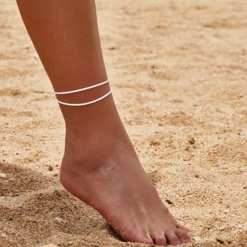 Gold/Sterling Silver Anklet Bracelets for Women Waterproof, Non Tarnish 925 Sterling Sliver Plated Heart Evileye Butterfly Charm, Dainty Summer Beach Anklets for Women, Beach Vacation Bikini Outfits for Her Mom - style: Sparking-Silver