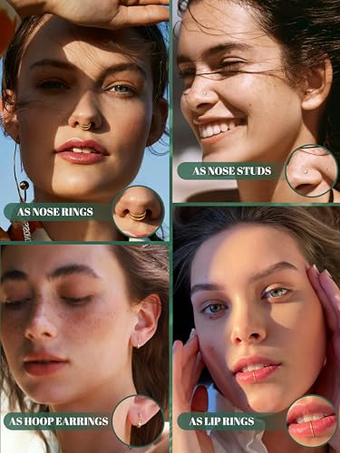 Jstyle Nose Rings for Women Men Surgical Steel Nose Hoops L Studs 18G/20G | Hypoallergenic Nostril Jewelry, Implant Grade Septum, Lip, Helix, Cartilage Piercing Jewelry with CZ, Opal, Snake Gold/Silver - color: 14K Gold, size: 20G