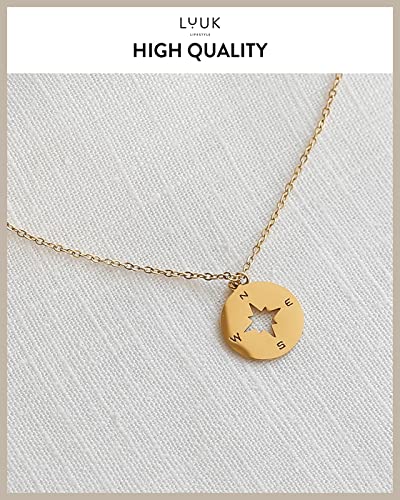 LUUK LIFESTYLE Stainless steel necklace with pendant and HAPPINESS card, 20” adjustable length, lucky charm, friendship chain, Valentine's Day gift, birthday, women's jewelry, silver, gold, rosegold - color: Gold, size: Compass