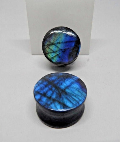 Natural Labradorite Tunnels Blue And Multiple Fire Double Flare Ear Gauge & Plugs Earring Convex & Concave - size: 20mm