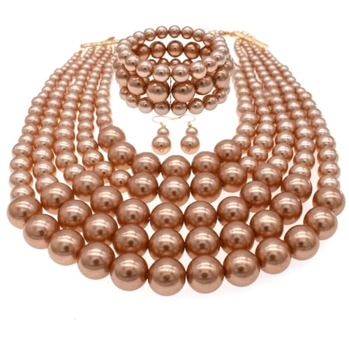 Faux Big Pearl Srand Necklaces for Women 5 Layers Pearls Choker Bib Collar Necklace Bracelet and Earrings set 1920s Costume Pearl Jewelry Bridal Wedding - color: champagne