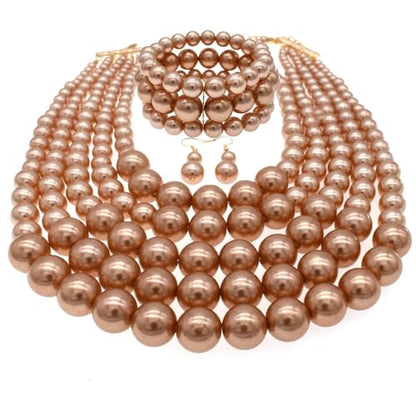Faux Big Pearl Srand Necklaces for Women 5 Layers Pearls Choker Bib Collar Necklace Bracelet and Earrings set 1920s Costume Pearl Jewelry Bridal Wedding - color: champagne