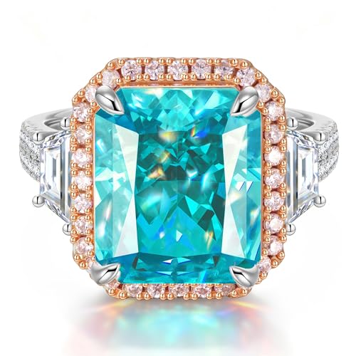 Moissa 8ct Sunset Glow Radiant Cut Halo Cocktail Ring for Women | 14K Gold Plated Tarnish-Resistant Silver Ring, 12x10mm Lab Zircon, Bold Statement Ring for Party, Engagement & Anniversary - color: Vivid Blue